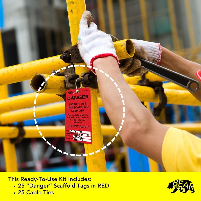 BearTOOLS Scaffold Tags - Safety Inspection Kit with Cable Ties - Danger Scaffold Status Warning Sign - Laminated 3 x 6 in, Pack of 25 - Weatherproof, Tear-Resistant - Red Tags - Image 5